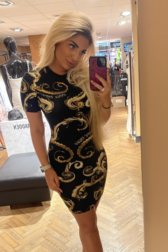 VERSACE JEANS COUTURE JERSEY PRINT DRESS GOLD BLACK